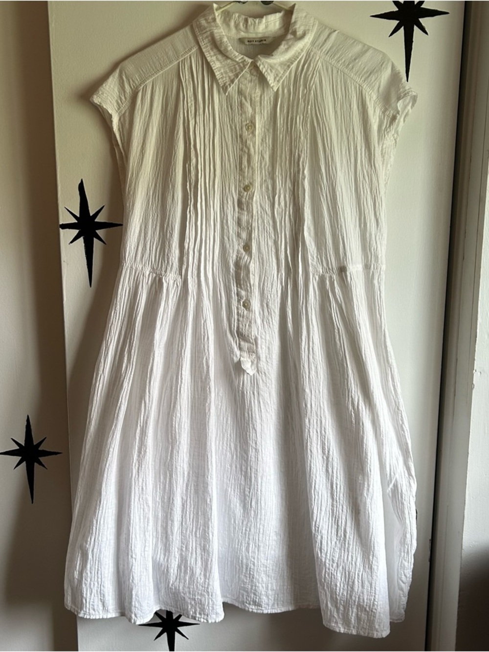 Max Studio White Textured Button-Up Collared Dress